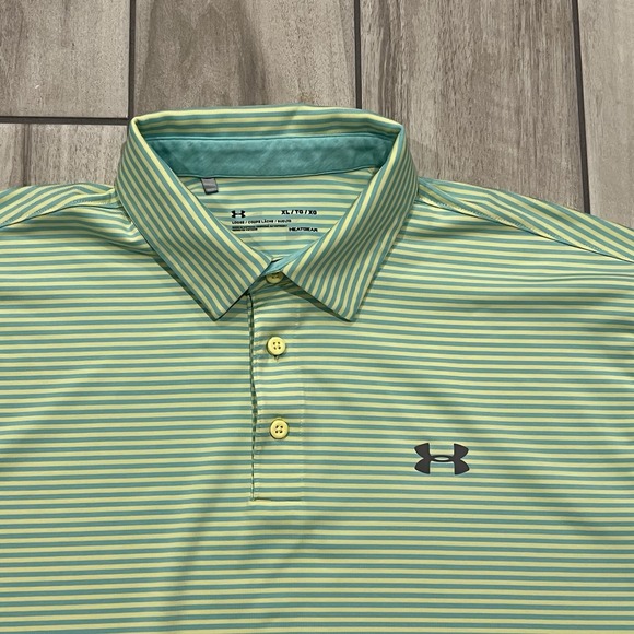 Under Armour Heatgear Polo Teal yellow Stripe Golf Performance Polo Shirt Men XL - Picture 2 of 6